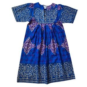 100% Cotton Blue Purple Gold Batik Block Print Muumuu Dress Size Large